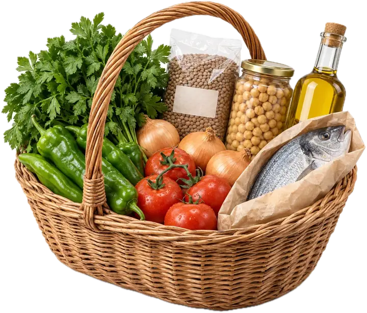 Cesta de la compra con pimientos, tomates, cebollas, perejil, pescado fresco, lentejas y aceite de oliva