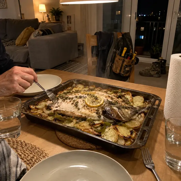 Bandeja de horno con una dorada abierta sobre patatas, cebolla y pimiento, en la mesa de un piso por la noche