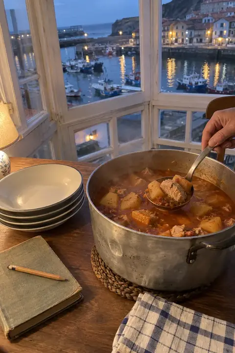 Olla de marmitako de bonito con un cucharón, en un mirador con vistas al puerto al anochecer