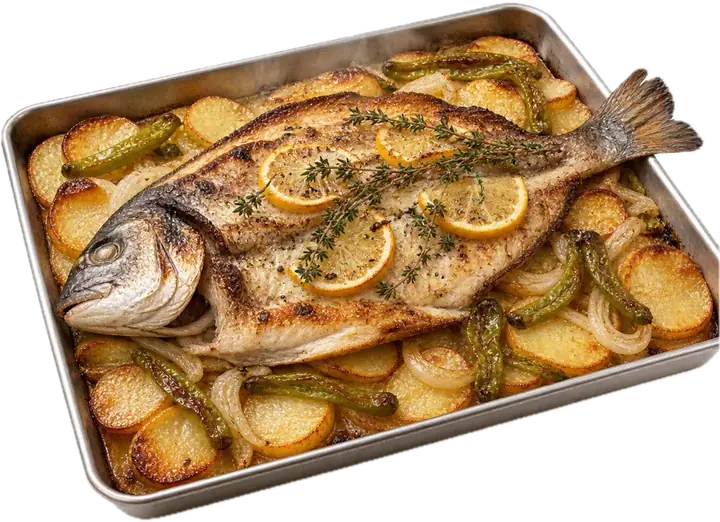 Dorada al horno abierta sobre patatas panadera con limón