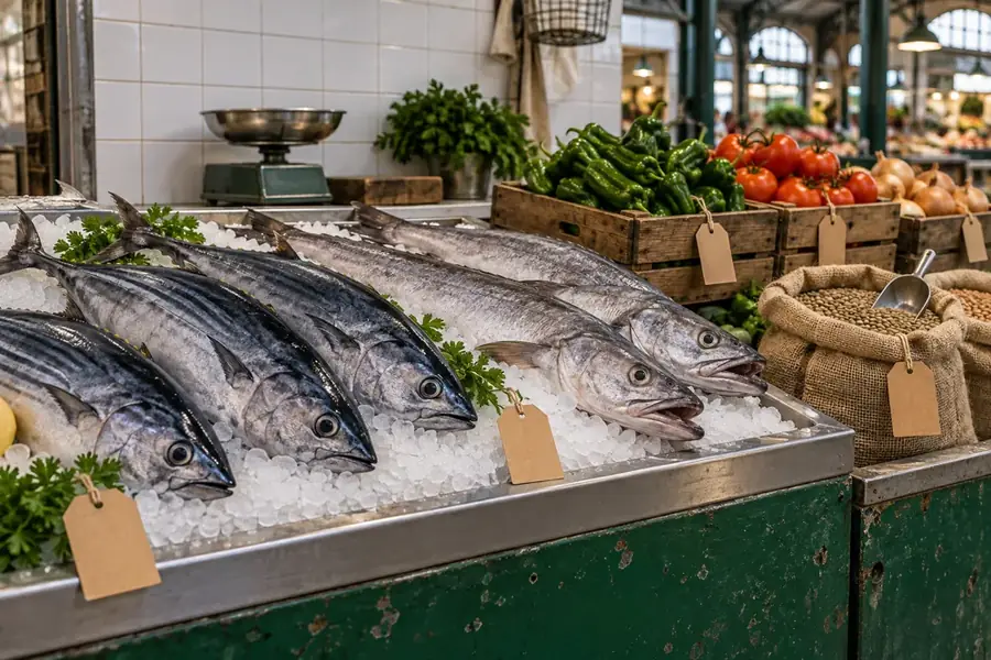 Puesto de un mercado de abastos con pescado fresco sobre hielo, pimientos, tomates y sacos de lentejas