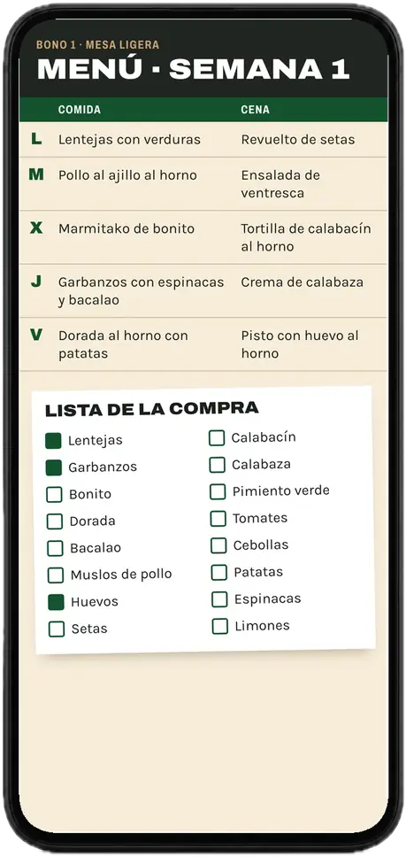 Página del menú de la semana 1 con comidas, cenas y lista de la compra, en un móvil