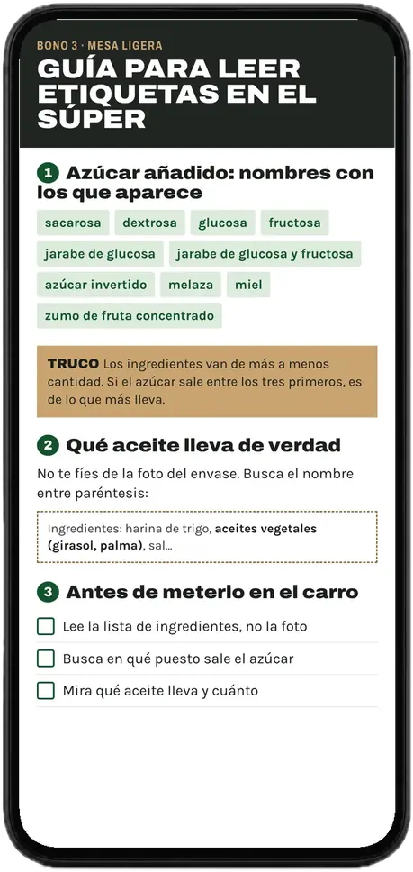 Página de la guía para leer etiquetas: nombres del azúcar añadido y qué aceite lleva un envase, en un móvil