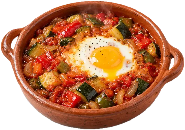 Pisto de verduras con un huevo cuajado al horno