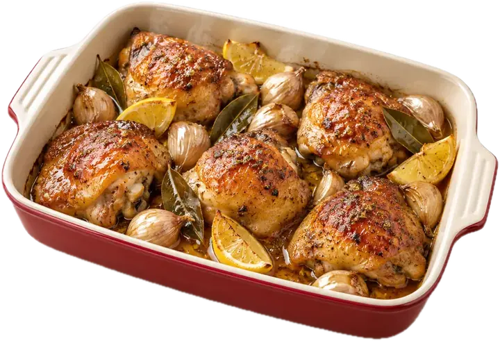 Muslos de pollo al ajillo dorados al horno con ajos y limón