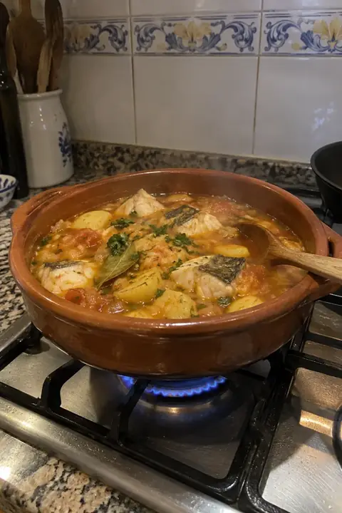 Cazuela de barro con guiso de pescado al fuego en una cocina de casa