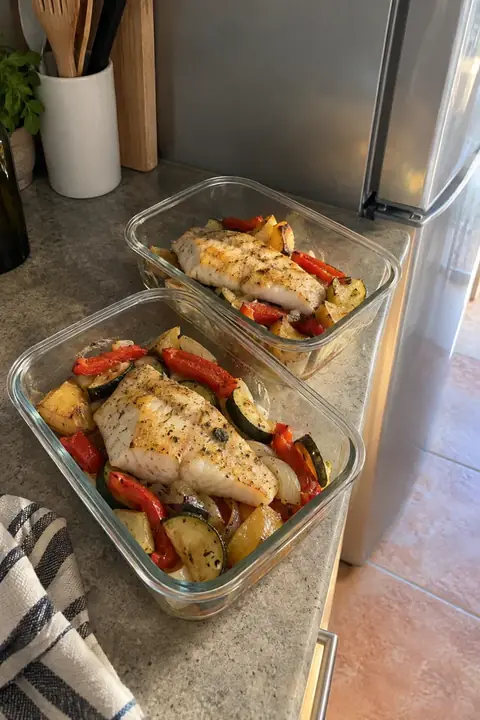 Dos tápers de cristal con merluza al horno y verduras asadas en la encimera